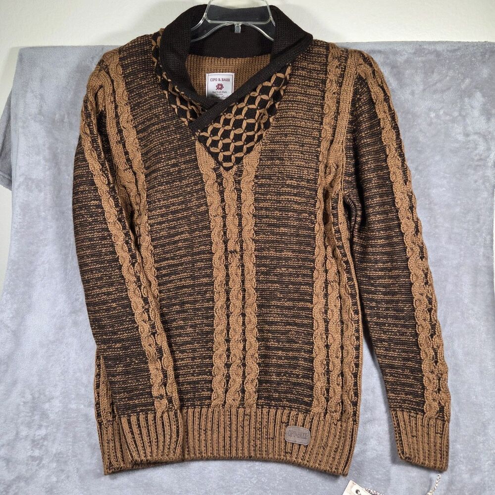 Cipo & Baxx Size M Men's Brown Tan Cable Knit Shawl Collar Sweater Acrylic NWT
